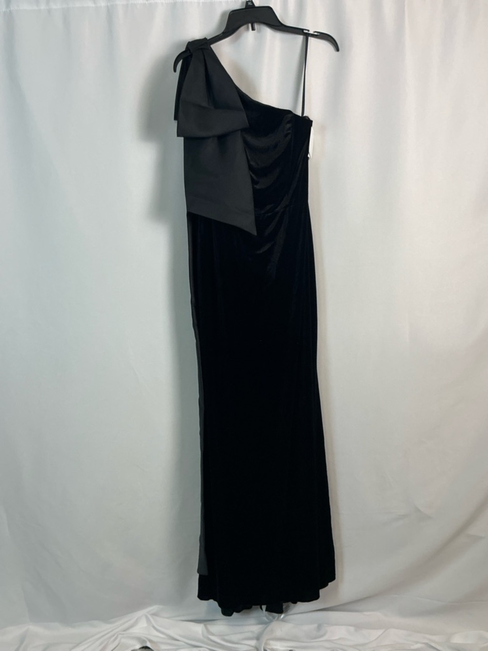 Dessy Collection Black One-Shoulder Velvet Gown with Dramatic Satin Bow - Picture 2 of 4